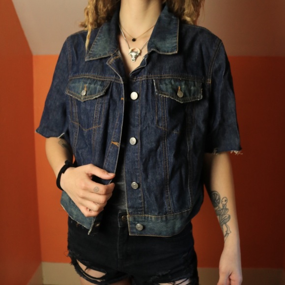 Denim Distressed Custom Jean Jacket Cactus Patch Short Sleeve Button Down Petite - Picture 1 of 5